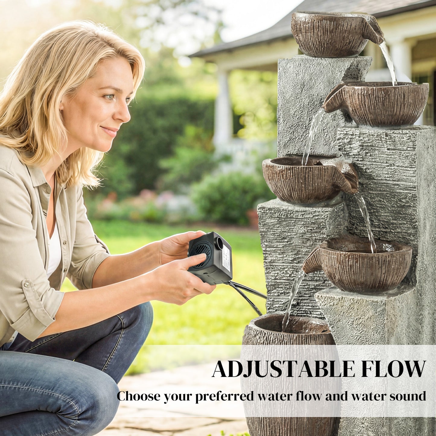 Outsunny Outdoor Fountain 5 Tier Garden Waterfall With LED Lights Adjustable Flow Grey And Rustic Brown