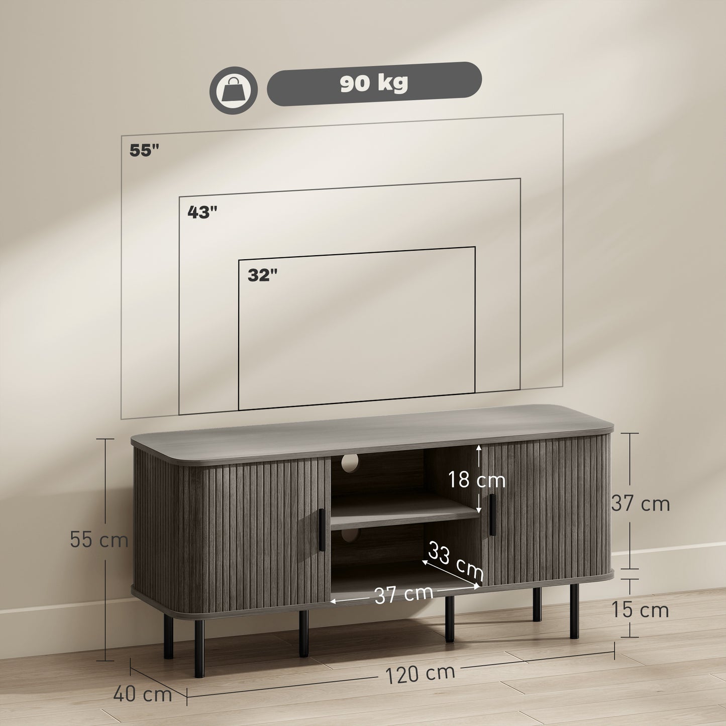 HOMCOM TV Stand Cabinet For 55 Inch TVs With Open Shelves And Two Tambour Door Cupboards Grey