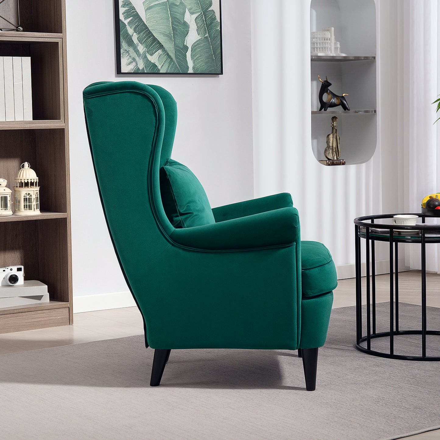 HOMCOM Modern Accent Chair With High Back Wingback Design Velvet Feel Upholstery Green Solid Wood Legs