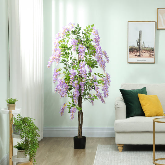 HOMCOM 180cm Ficus Artificial Tree With Wisteria Flowers In Nursery Pot Indoor Tall Faux Floor Plant Purple