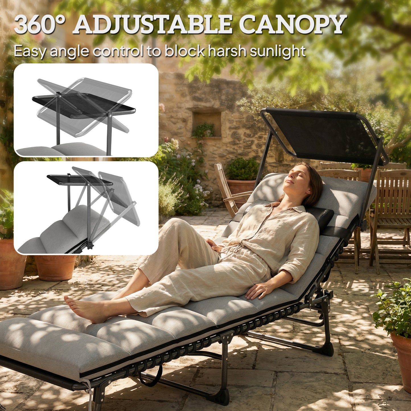 Outsunny Folding Sun Lounger With Canopy, Reclining Sunbed With Cushion And Side Pocket, Carrying Handle, Light Grey