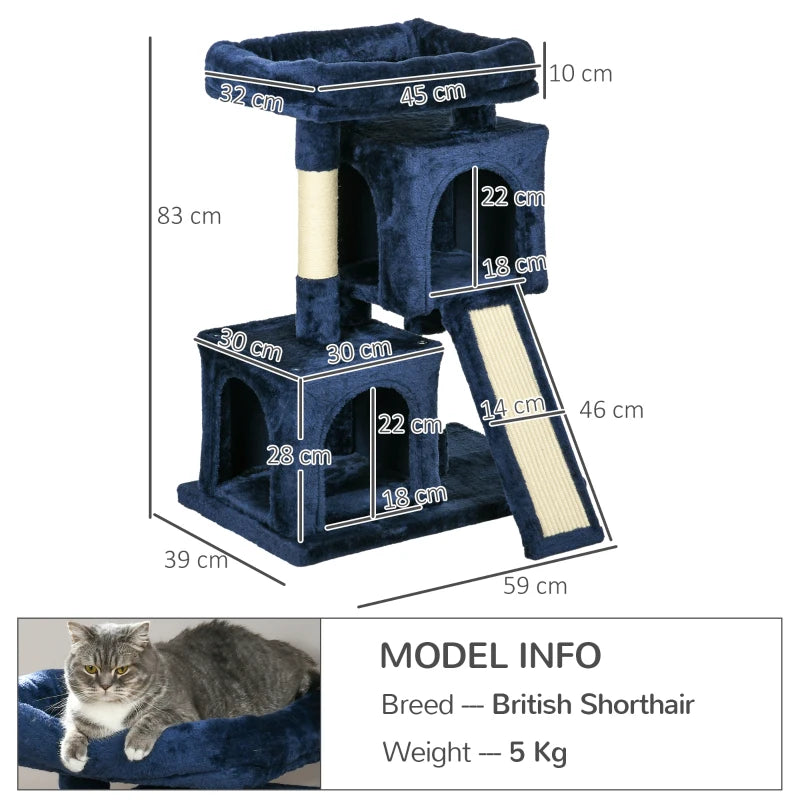 PawHut Navy Blue Sisal Cat Rest & Play Activity Tree with 2 Houses - Interactive Cat Tower - ALL4U RETAILER LTD