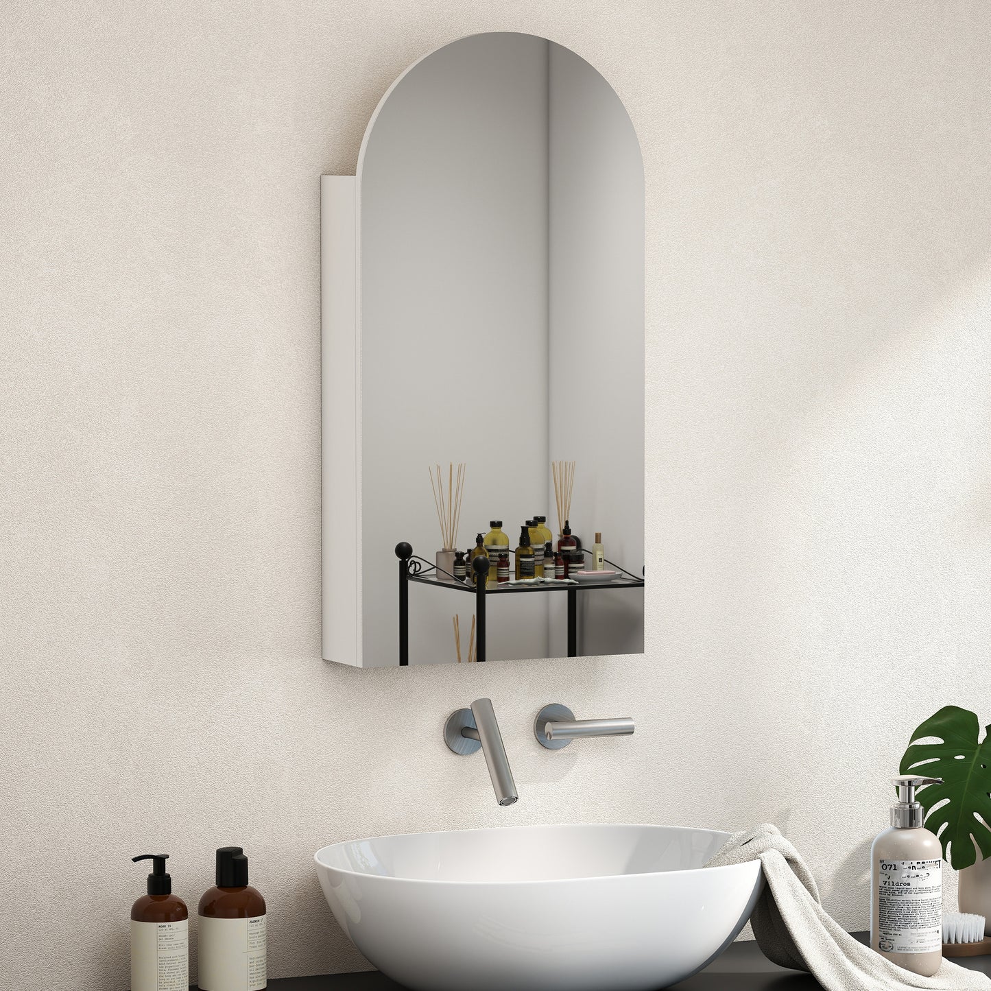 HOMCOM Arched Frameless Bathroom Mirror Cabinet With Adjustable Glass Shelves White