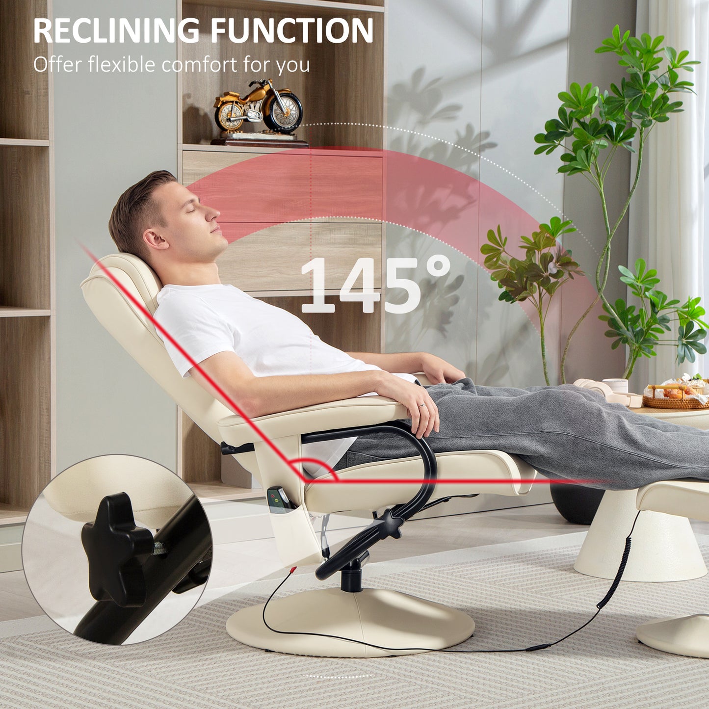 HOMCOM Swivel Recliner Chair and Footstool With Faux Leather Massage Remote Control Round Wrapped Base Cream White