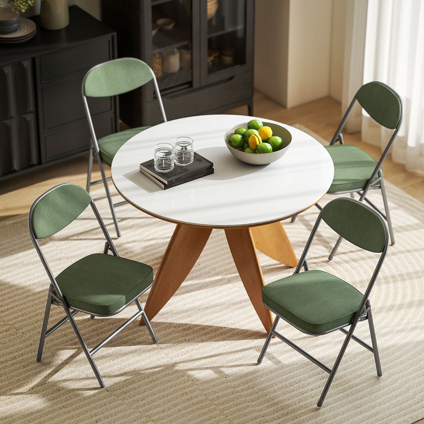 HOMCOM Set Of Four Folding Corduroy Chairs Green Padded Seat And Back Steel Frame