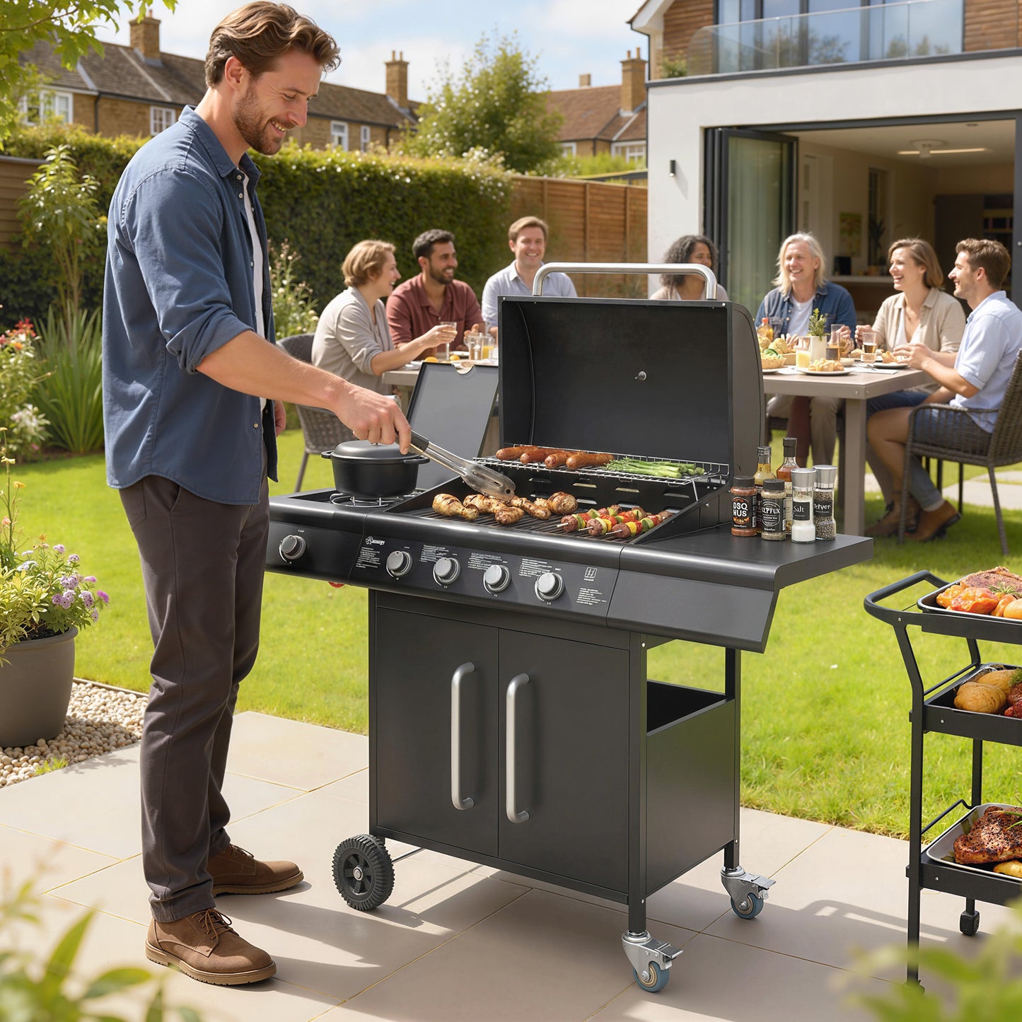Outsunny 5 Burner Gas BBQ Grill With Storage Cabinet And Side Table, 15.2 kW Trolley, Warming Rack, 4 Wheels