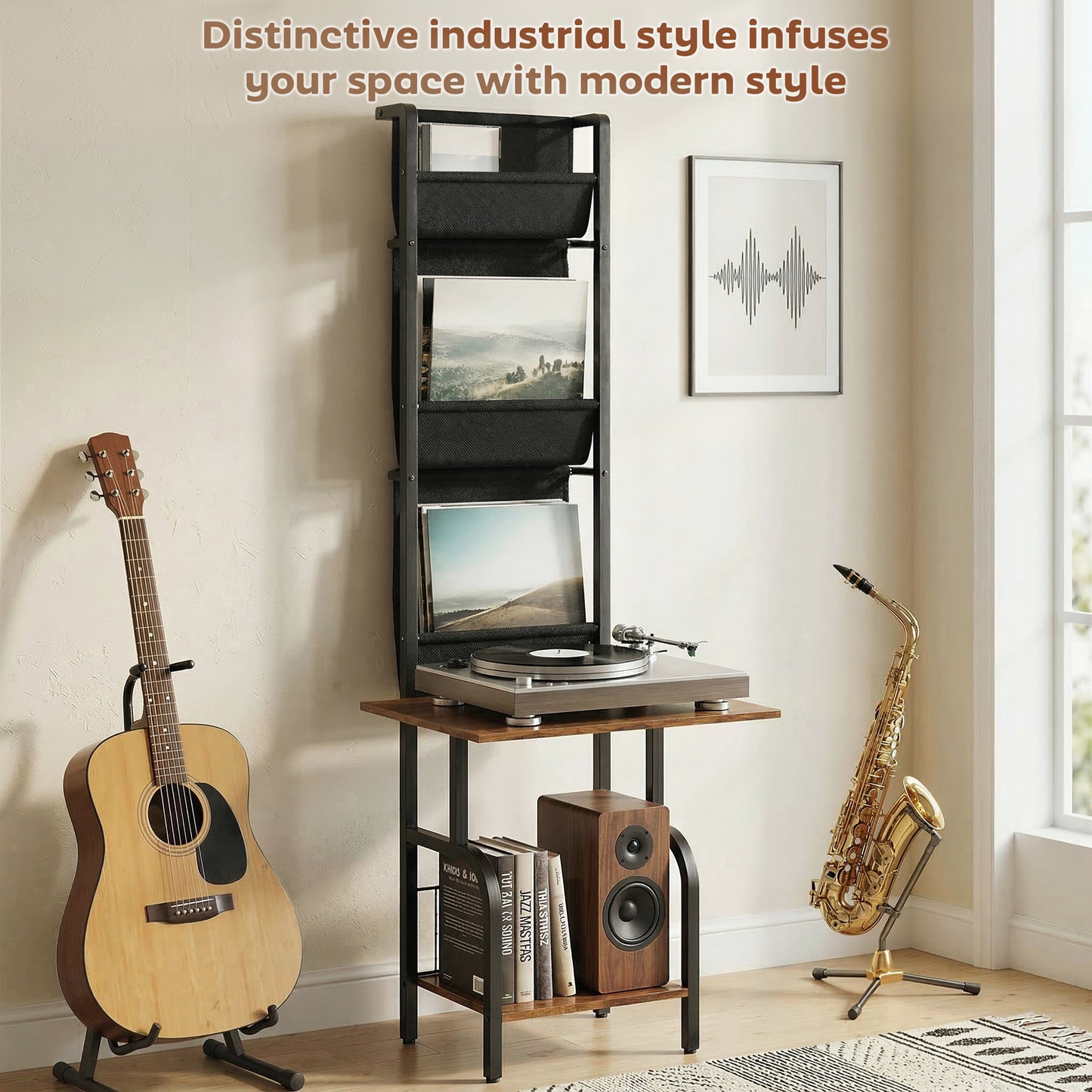 HOMCOM Vertical Vinyl Record Player Stand With Oxford Fabric Pockets Storage And Bottom Shelf Rustic Brown And Black