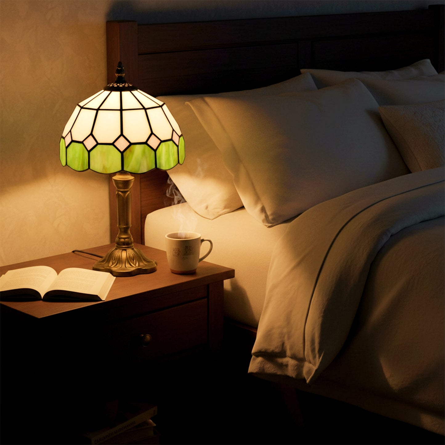HOMCOM Handmade Art Deco Glass Table Lamp White And Green Stained Glass Shade Design