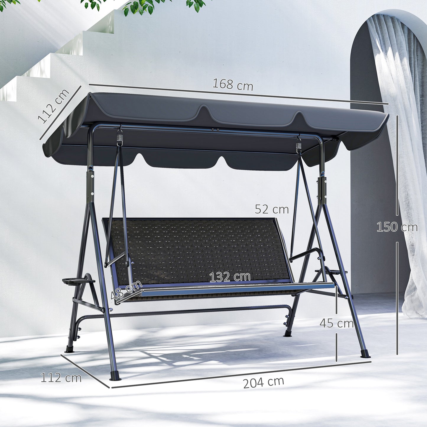 Outsunny 3 Seater Swing Chair With Adjustable Canopy Rattan Seat And Steel Frame For Patio Garden Grey