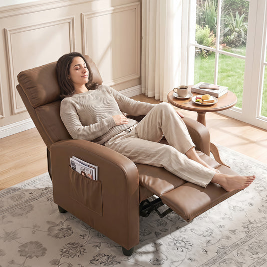 Dark brown faux leather massage recliner with push-back base and padded armrests