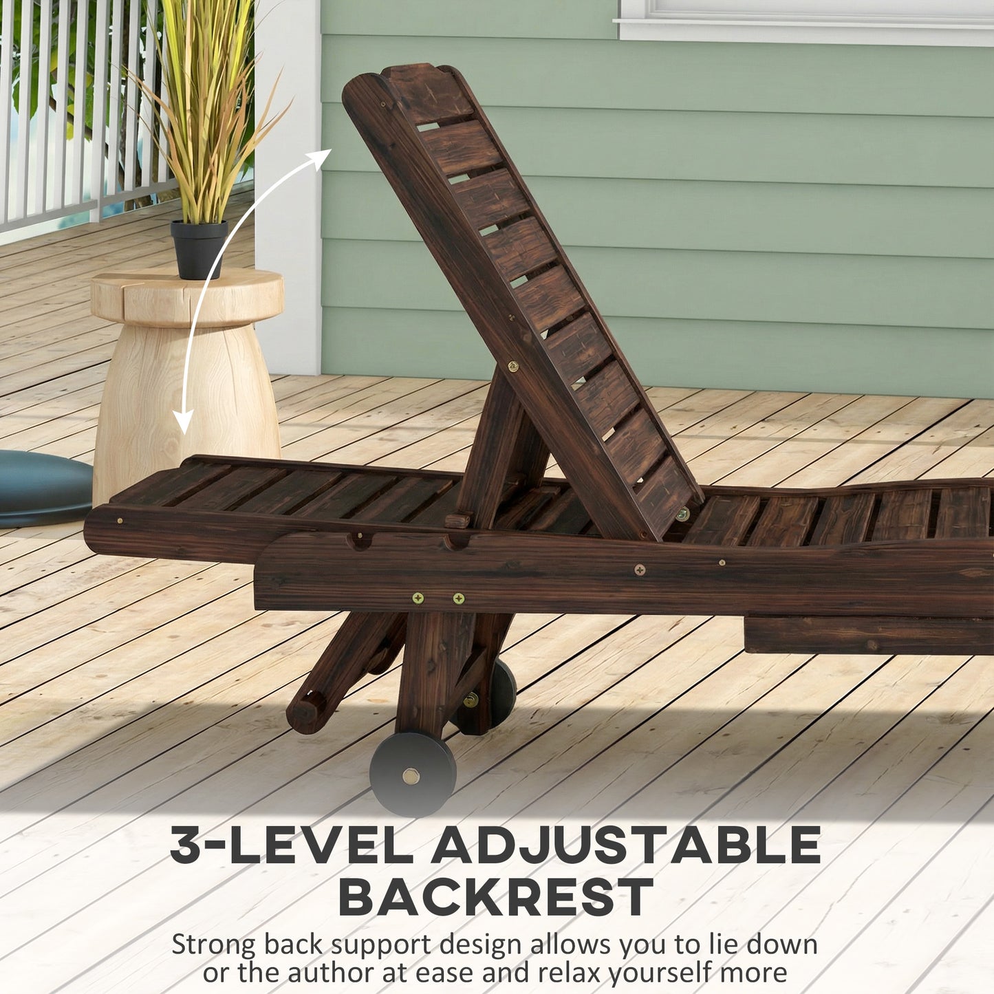Outsunny Outdoor Wooden Sun Lounger With Built In Table Carbonised Finish Three Position Backrest And Side Tray