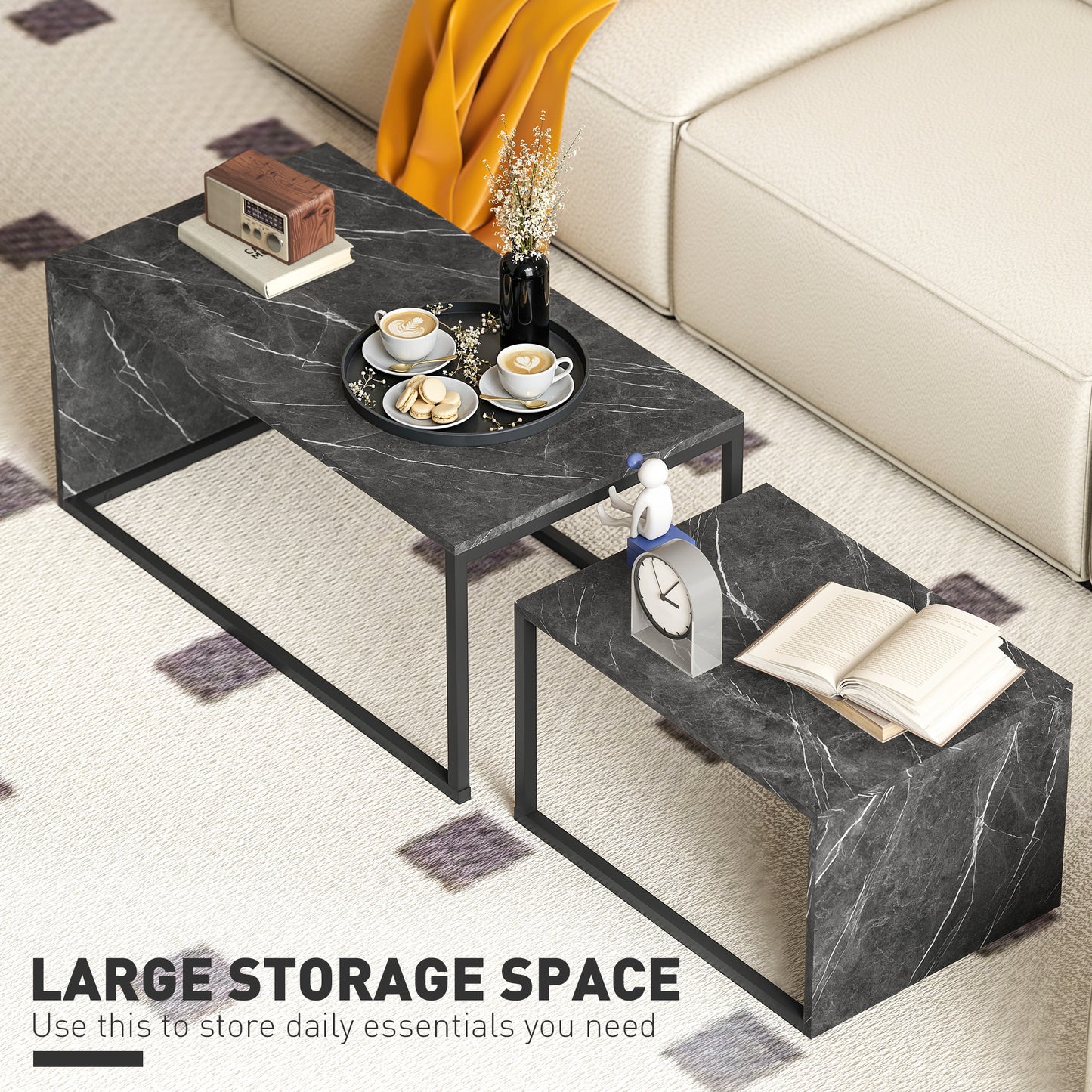 HOMCOM Nesting Coffee Tables Set of 2 Industrial Stacking Side Tables with Metal Frame Dark Grey Marble Effect