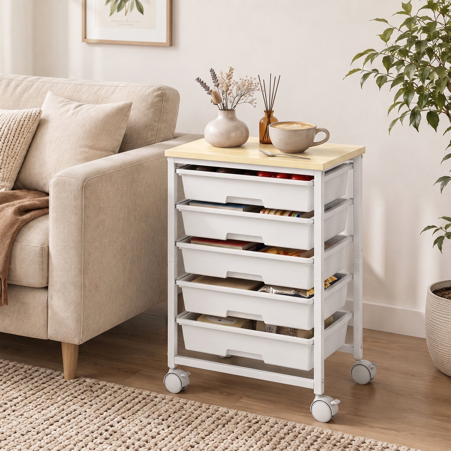 HOMCOM 6 Tier Storage Trolley On Wheels With 5 Drawers