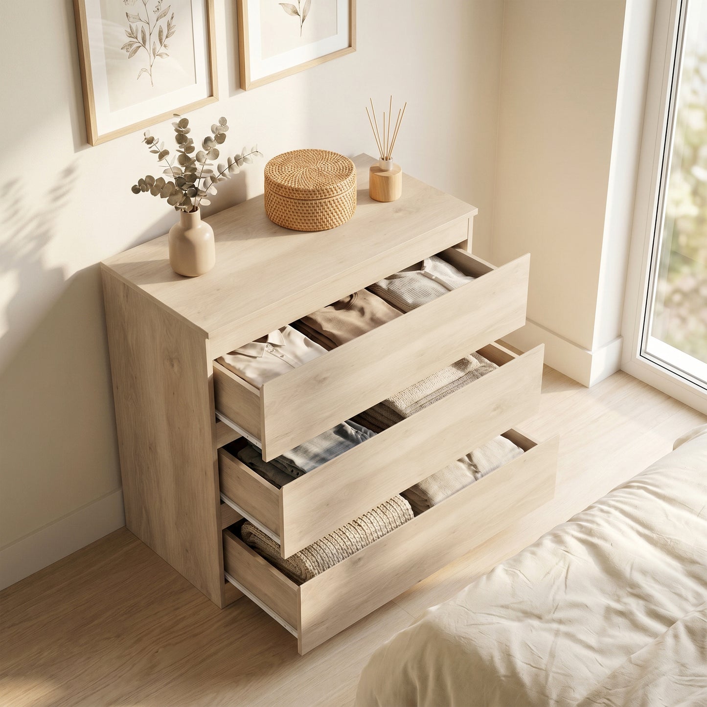 HOMCOM 3 Drawer Storage Organiser Unit Oak Chest Of Drawers For Bedroom Living Room 80x39x73 cm