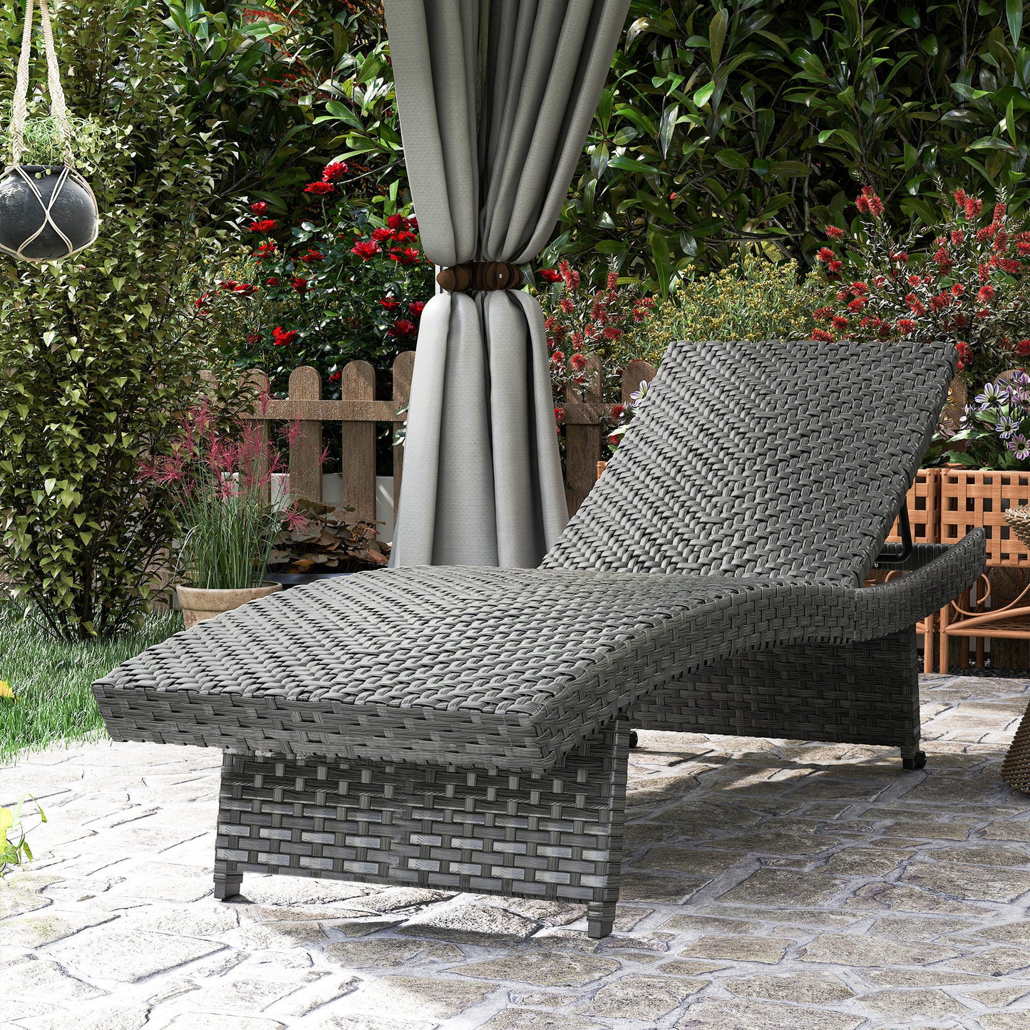 Outsunny Outdoor PE Rattan Sun Lounger Folding Wicker Garden Lounger Recliner With 4 Level Adjustable Backrest Wheels