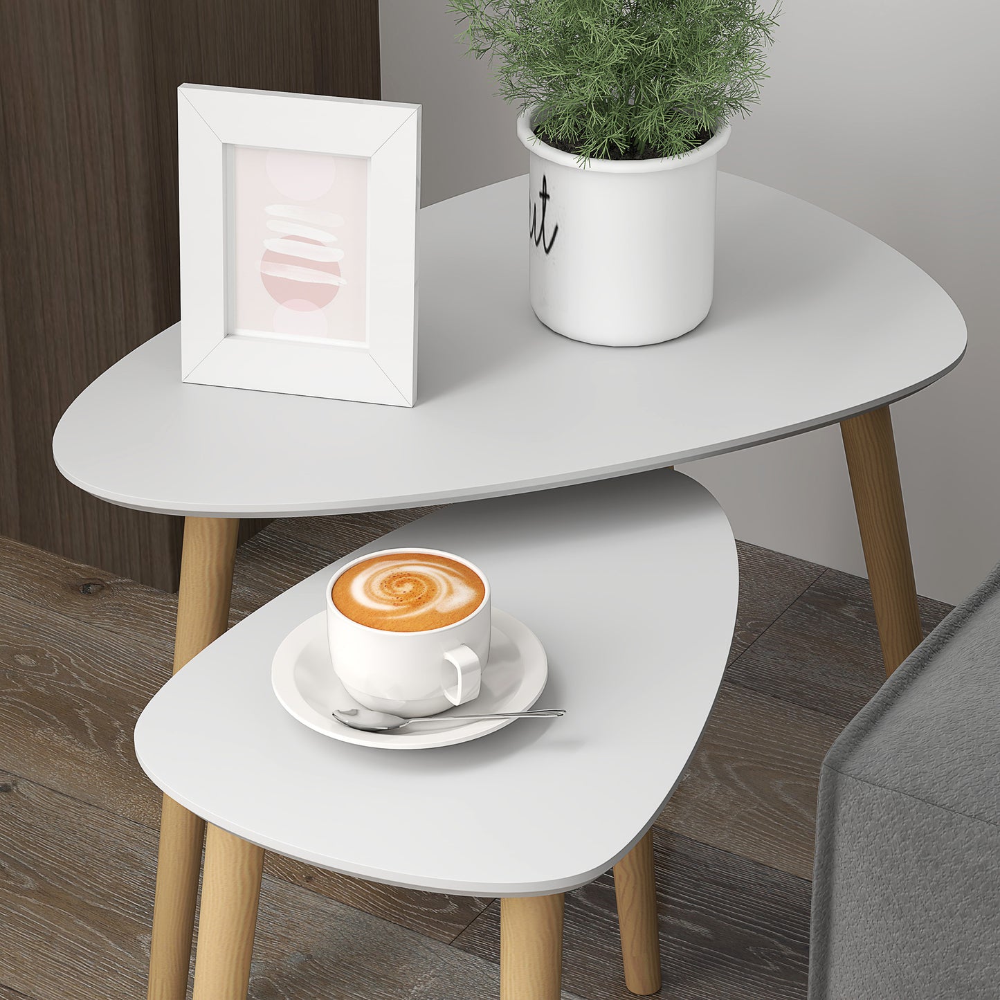 HOMCOM Nesting Coffee Table Set Of 2 With Solid Wood Legs In Light Grey For Living Room And Bedroom