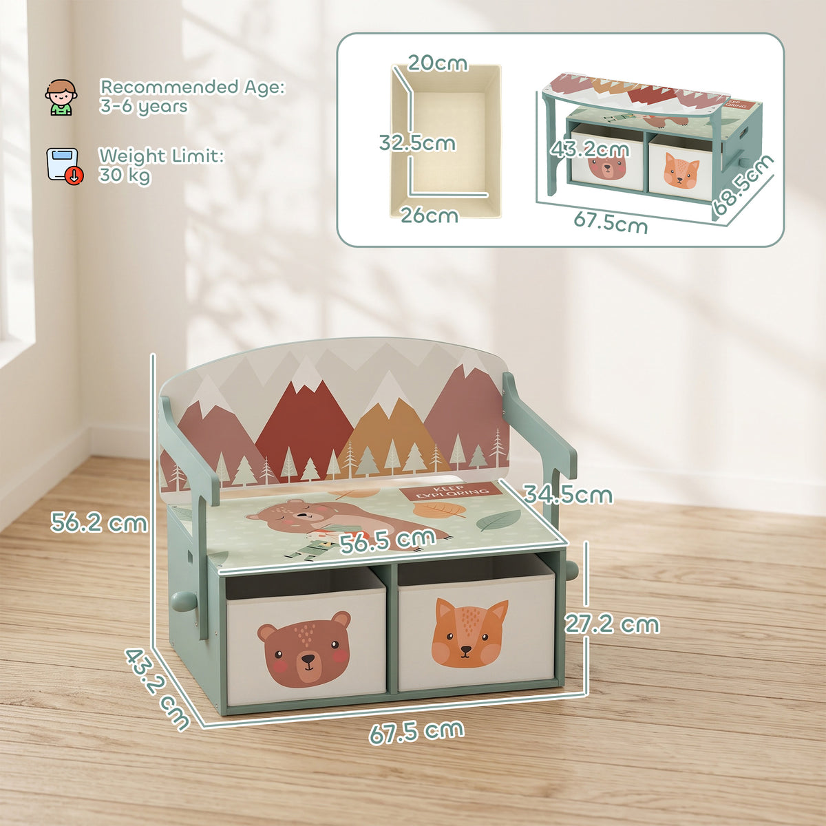 Kids table set dimension view with woodland top and two storage drawers, green frame