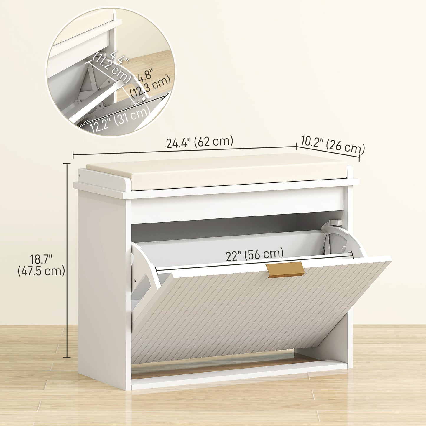 HOMCOM Elegant Six Shoe Bench With Top Seat And 120 Kg Weight Capacity Front Flip Drawer In White