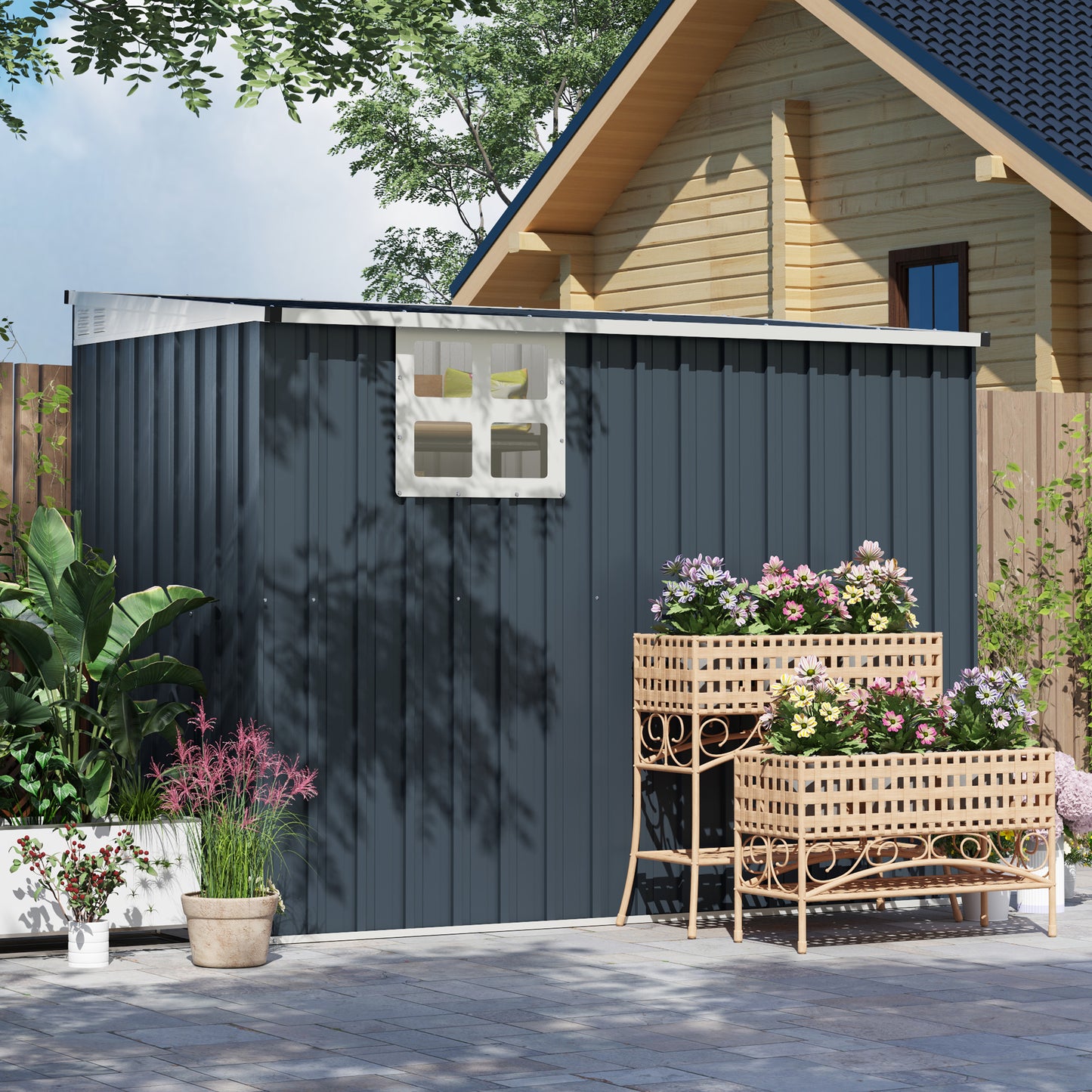 Outsunny 7.6 x 4ft Garden Metal Shed With Window 2 Vents Lockable Door Outdoor Storage for Garden Patio Dark Grey