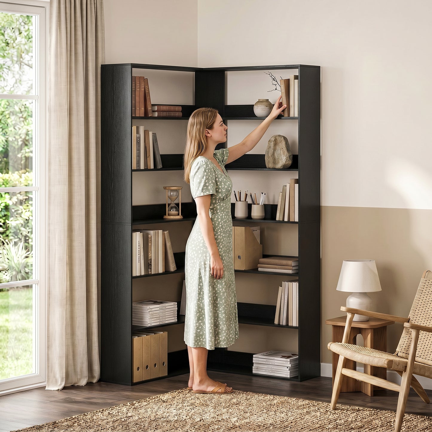 HOMCOM 7 Tier L Shaped Corner Bookshelf with Anti Slip Rear Guard Black Wood Effect 180 Cm Tall