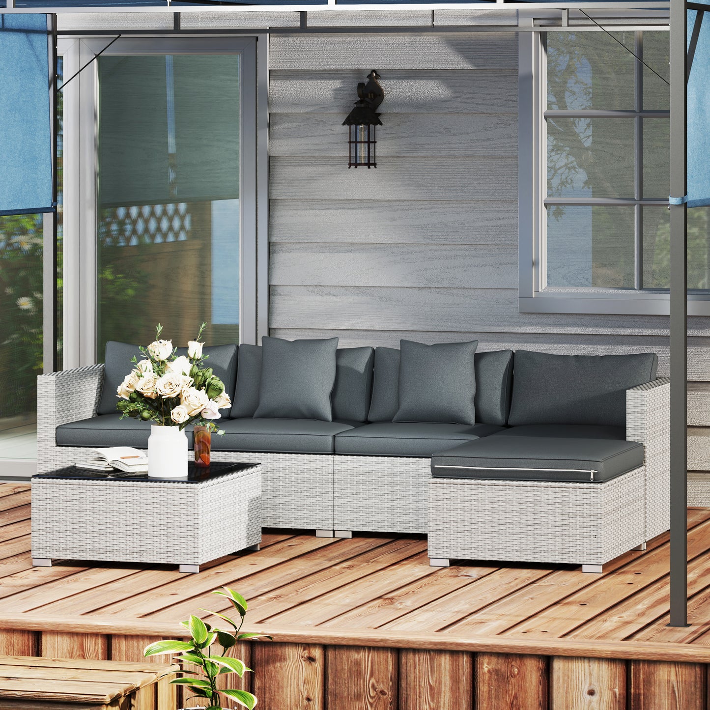 Outsunny 6 Piece Rattan Corner Sofa Set Outdoor With Metal Frame And PE Rattan Glass Top Coffee Table Mixed Grey