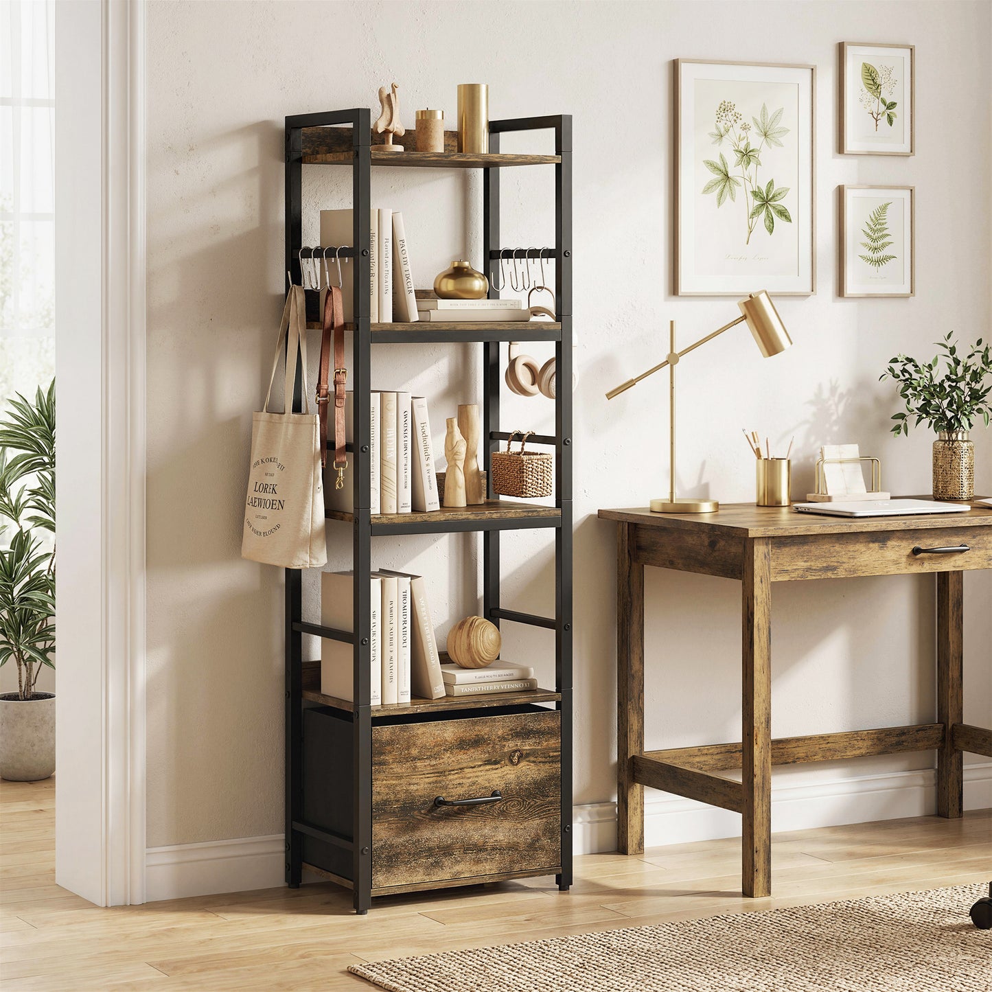 HOMCOM 4 Tier Narrow Bookshelf with Drawer and 8 Hooks, Metal Frame, Rustic Brown Finish