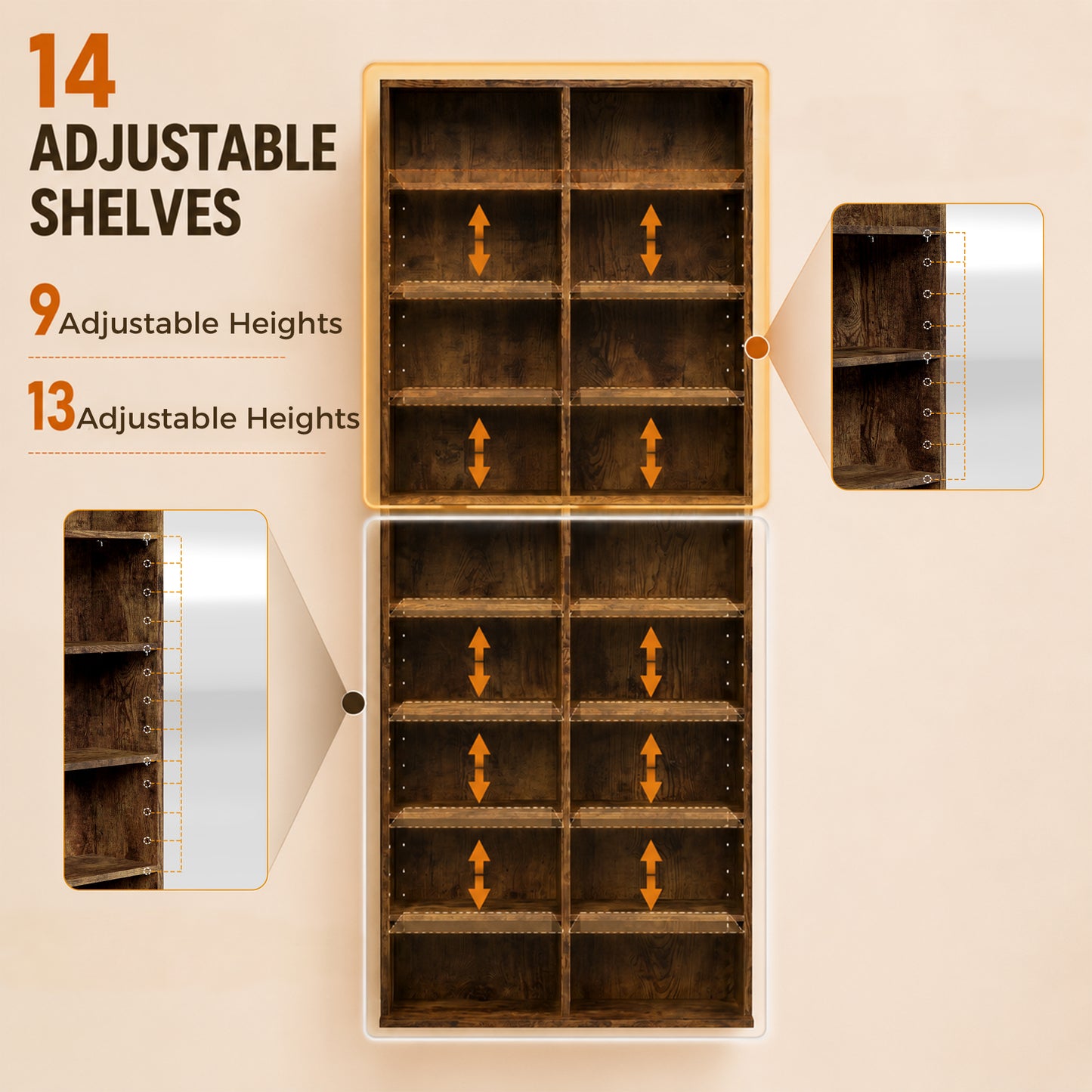 HOMCOM 640 CD Storage Tower Rustic Brown with 14 Adjustable Shelves and Anti Tipping