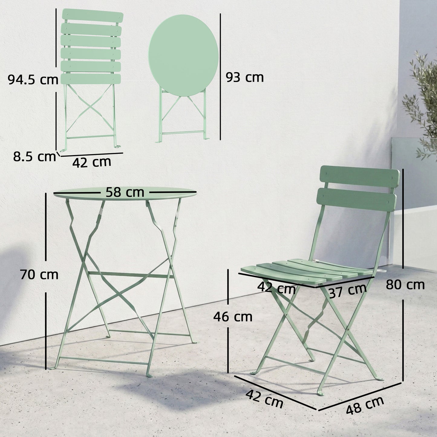 Outsunny Folding Garden Bistro Set For Two With Outdoor Round Table And Chairs Electrophoresis Metal Frame Light Green