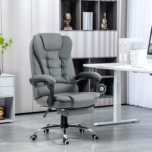 HOMCOM Ergonomic PU Leather Office Chair with Adjustable Features, Swivel Wheels, and Retractable Footrest - Grey - ALL4U RETAILER LTD