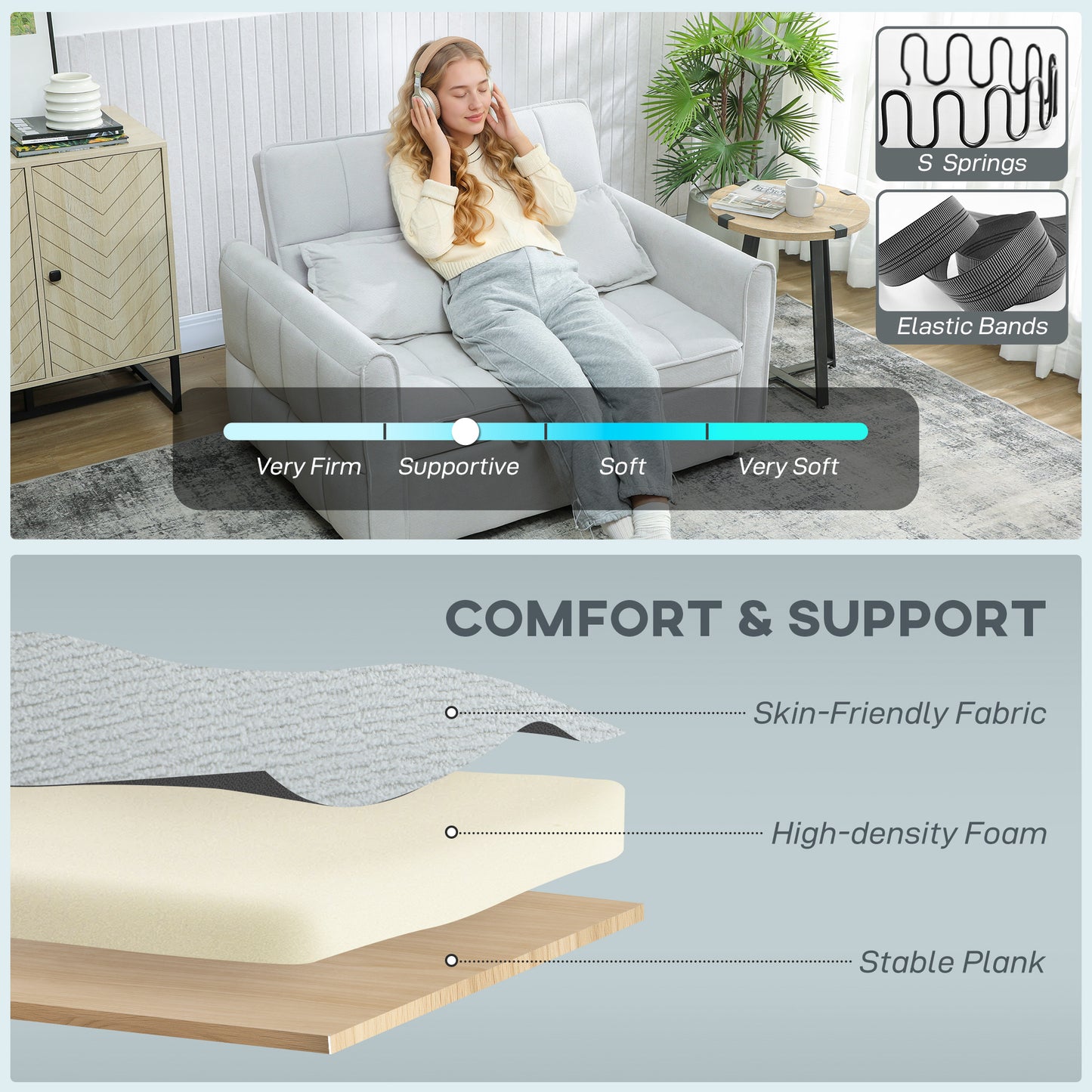 HOMCOM 2 Seater Sofa Bed 3 In 1 Convertible Sleeper With Adjustable Backrest Click Clack And Two Pillows Light Grey