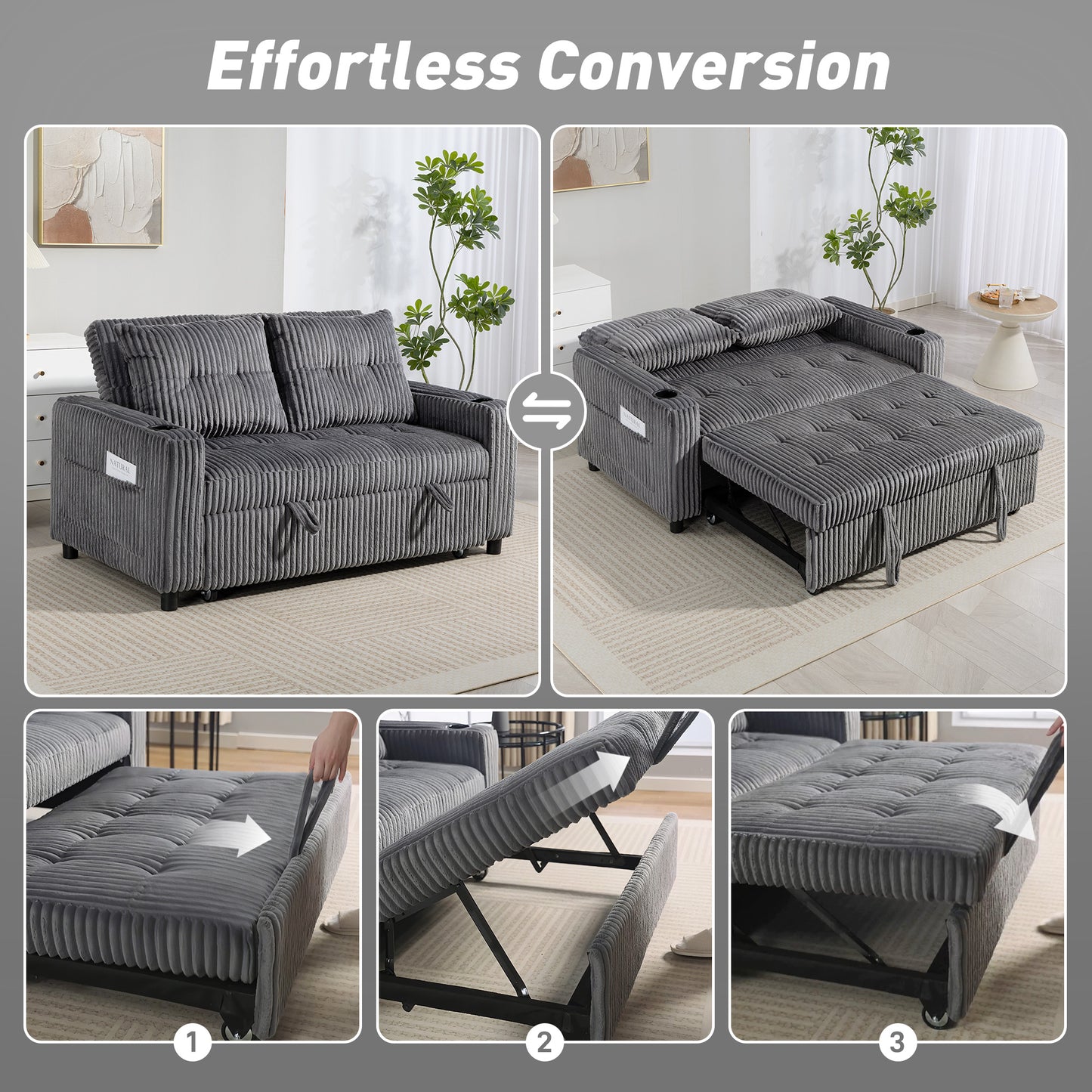 HOMCOM 2 Seater Click Clack Sofa Bed With Pull Out Design In Corduroy Upholstery Charcoal Grey