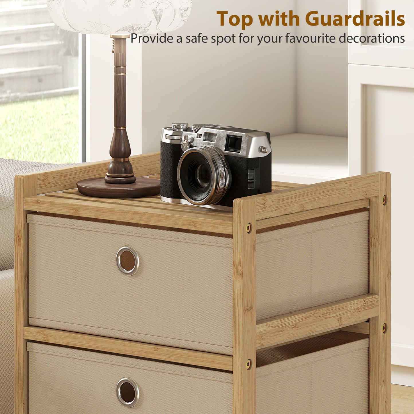 HOMCOM Five Drawer Fabric Dresser Narrow Chest With Bamboo Frame Cream White For Bedroom Organization
