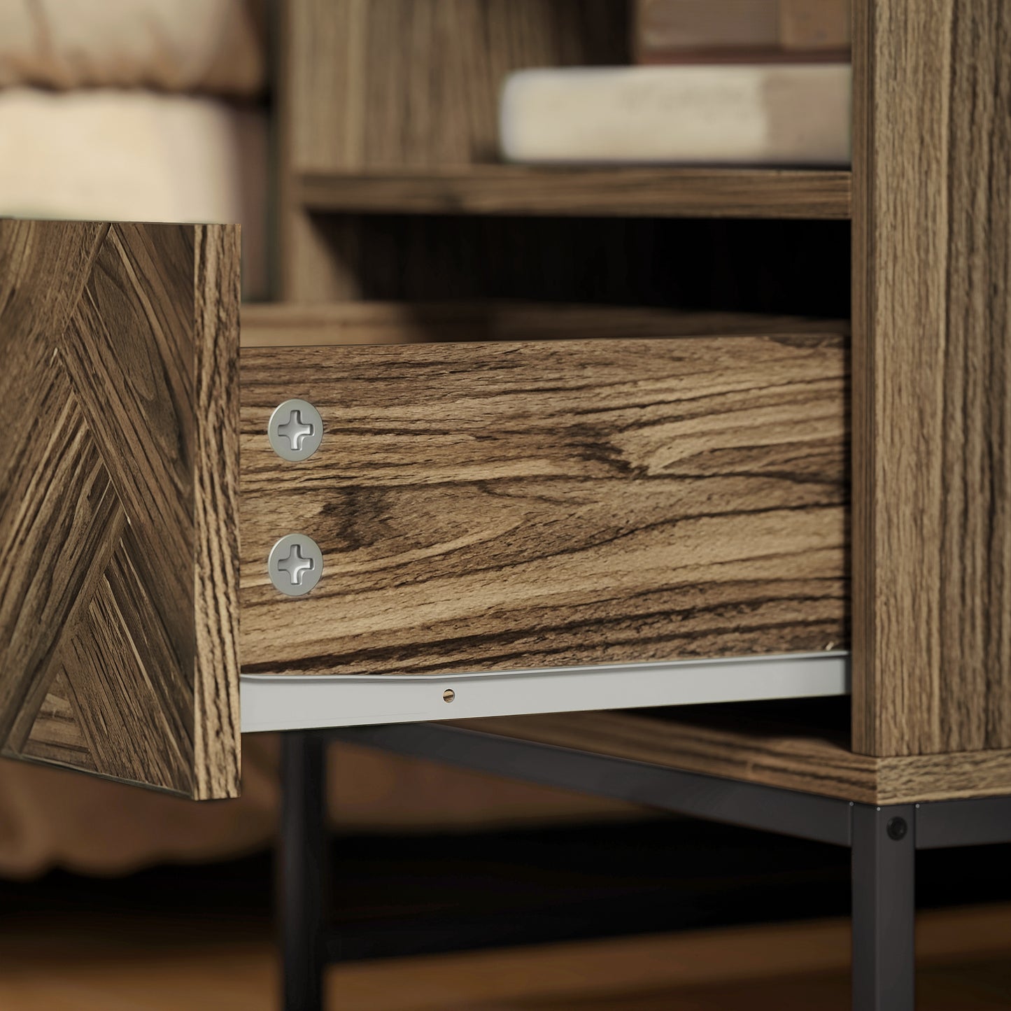 HOMCOM Bedside Table With Drawer And Open Shelf, Steel Leg End Table For Bedroom And Living Room, Brown Wood Effect