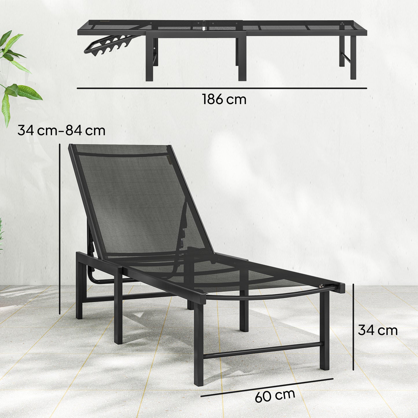 Outsunny Set Of Two Reclining Sun Loungers Black Five Position Adjustable Backrest For Garden Comfort