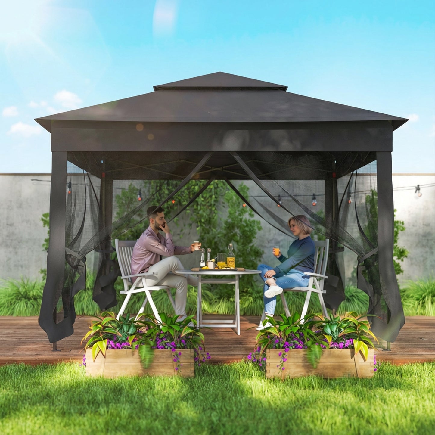 Outsunny 3m by 3m Pop Up Gazebo with Netting and Carry Bag Black Double Roof Garden Shelter for Parties