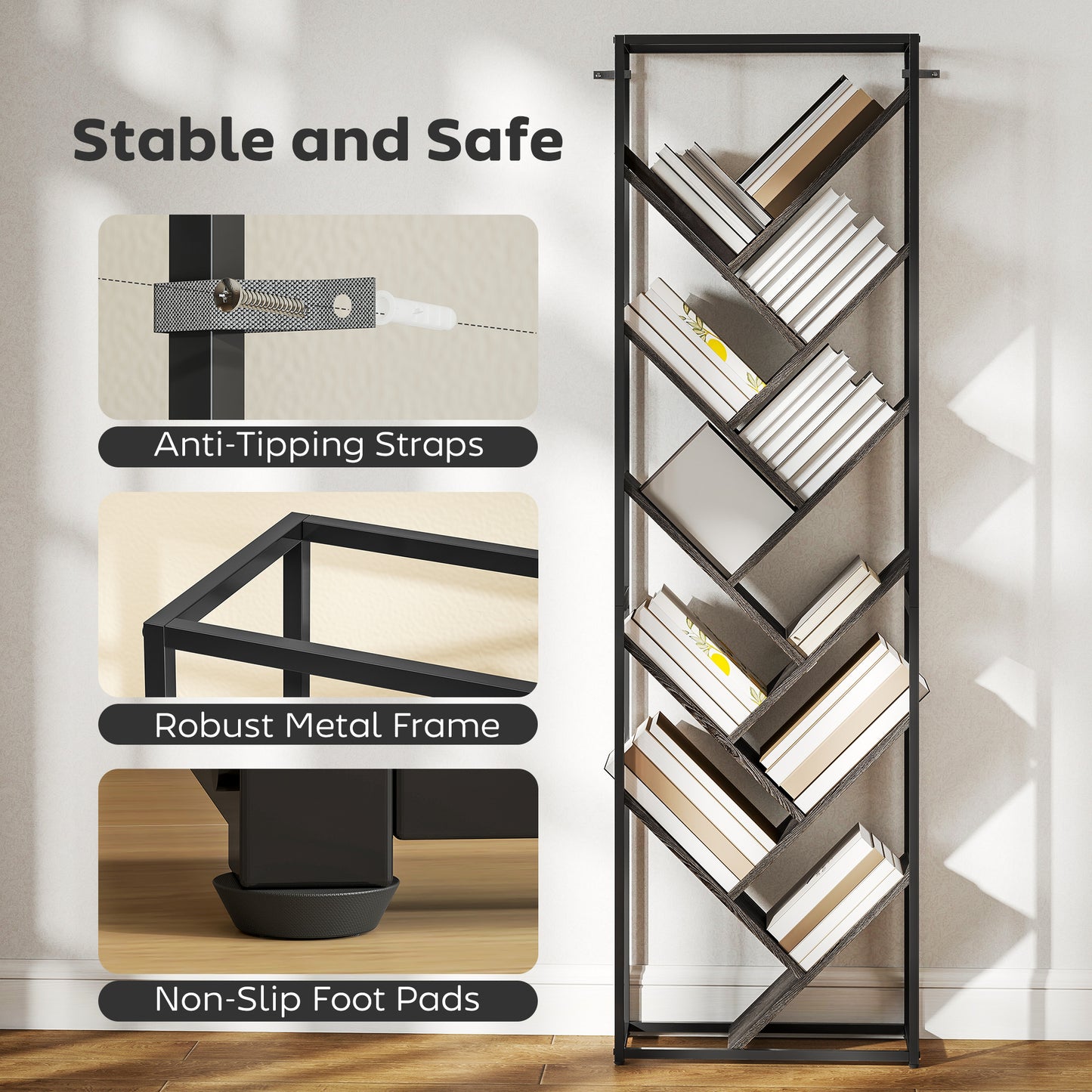 HOMCOM 10 Shelf Industrial Style Tree Bookshelf Tall 170 Centimeters With Branches Design And Metal Frame Black Grey