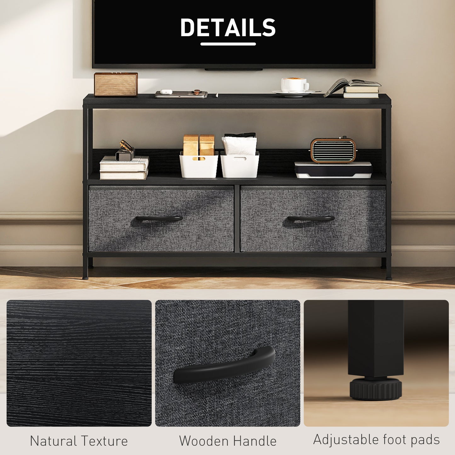 HOMCOM Two Tone Black TV Stand Cabinet With Two Foldable Drawers For Up To 47 Inch TV Entertainment Center