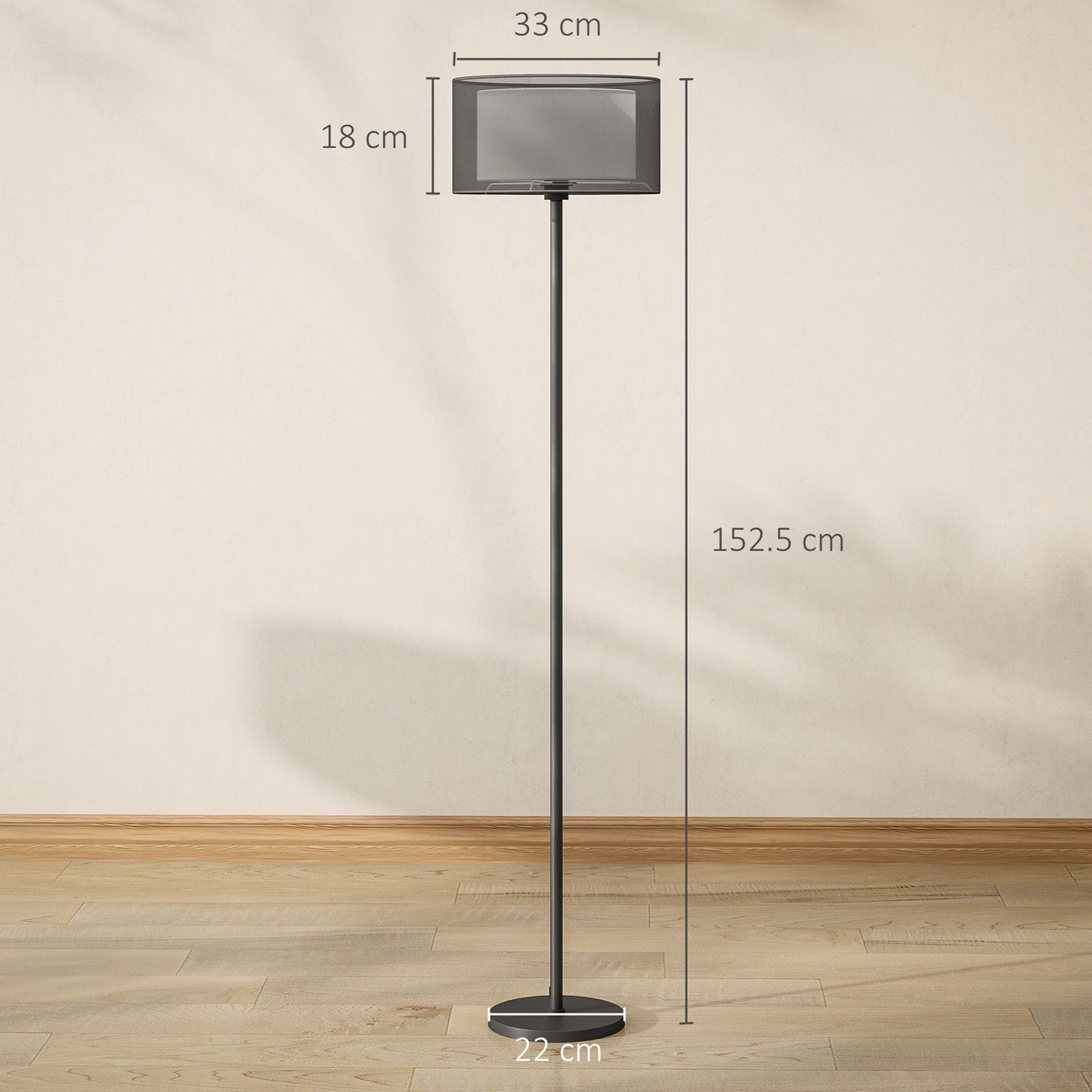 HOMCOM Floor Lamp For Living Room And Office With Double Layer Shade And Foot Switch, Minimalist Tall Pole Black