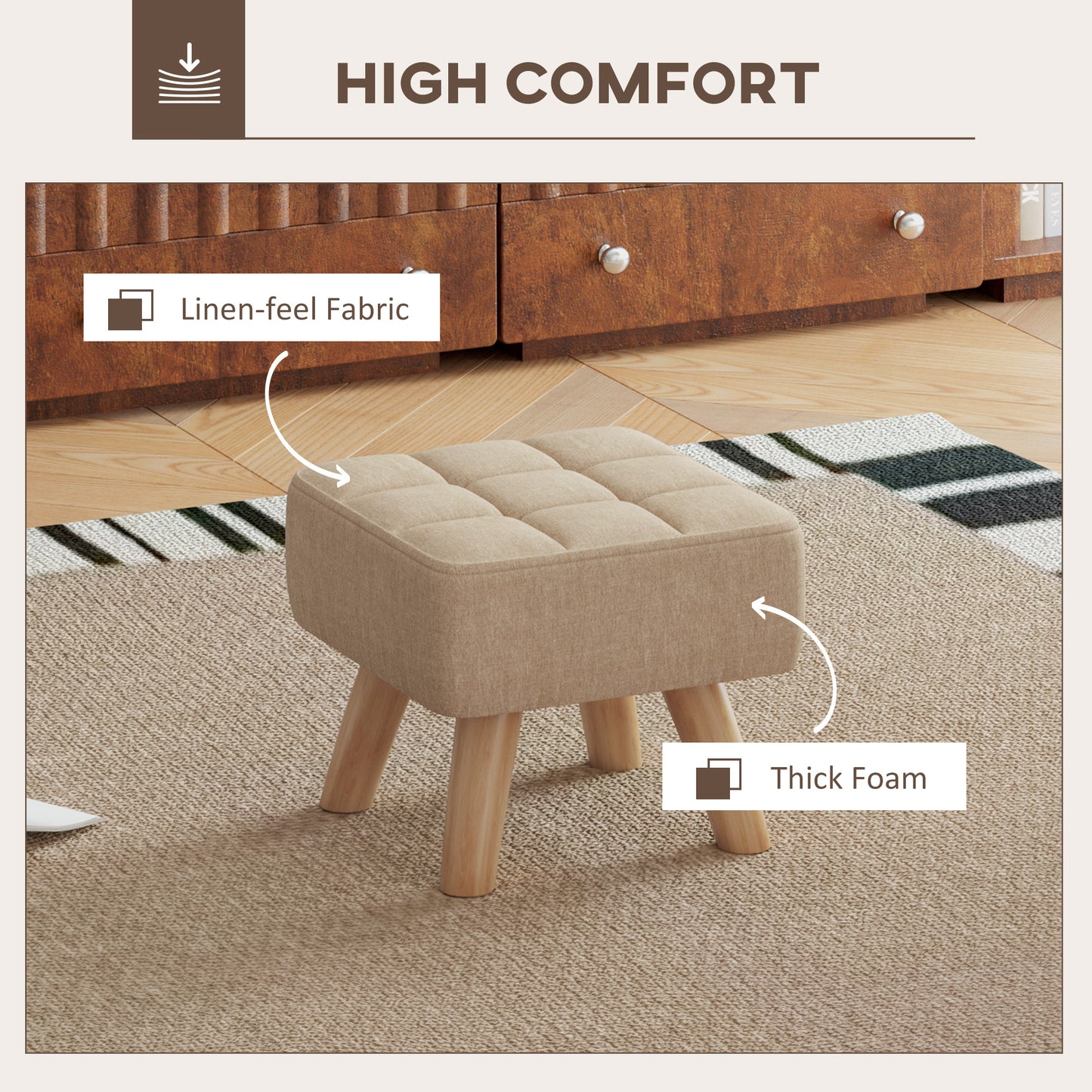 HOMCOM Linen Look Square Padded Footstool Brown With Tufted Top And Wooden Legs For Stability