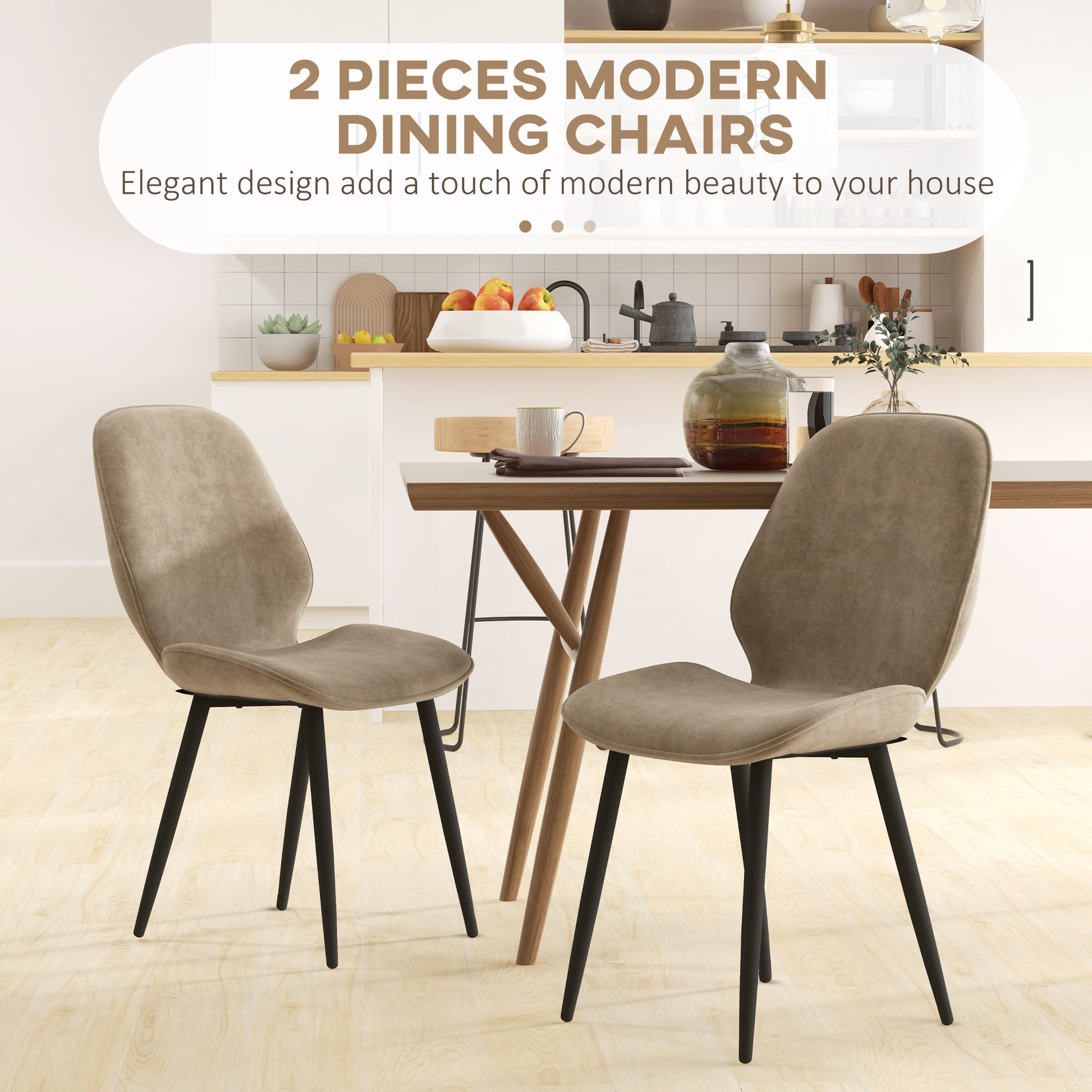 HOMCOM Set of 2 Light Brown Velvet Dining Chairs with Metal Legs for Modern Living and Dining Rooms - ALL4U RETAILER LTD