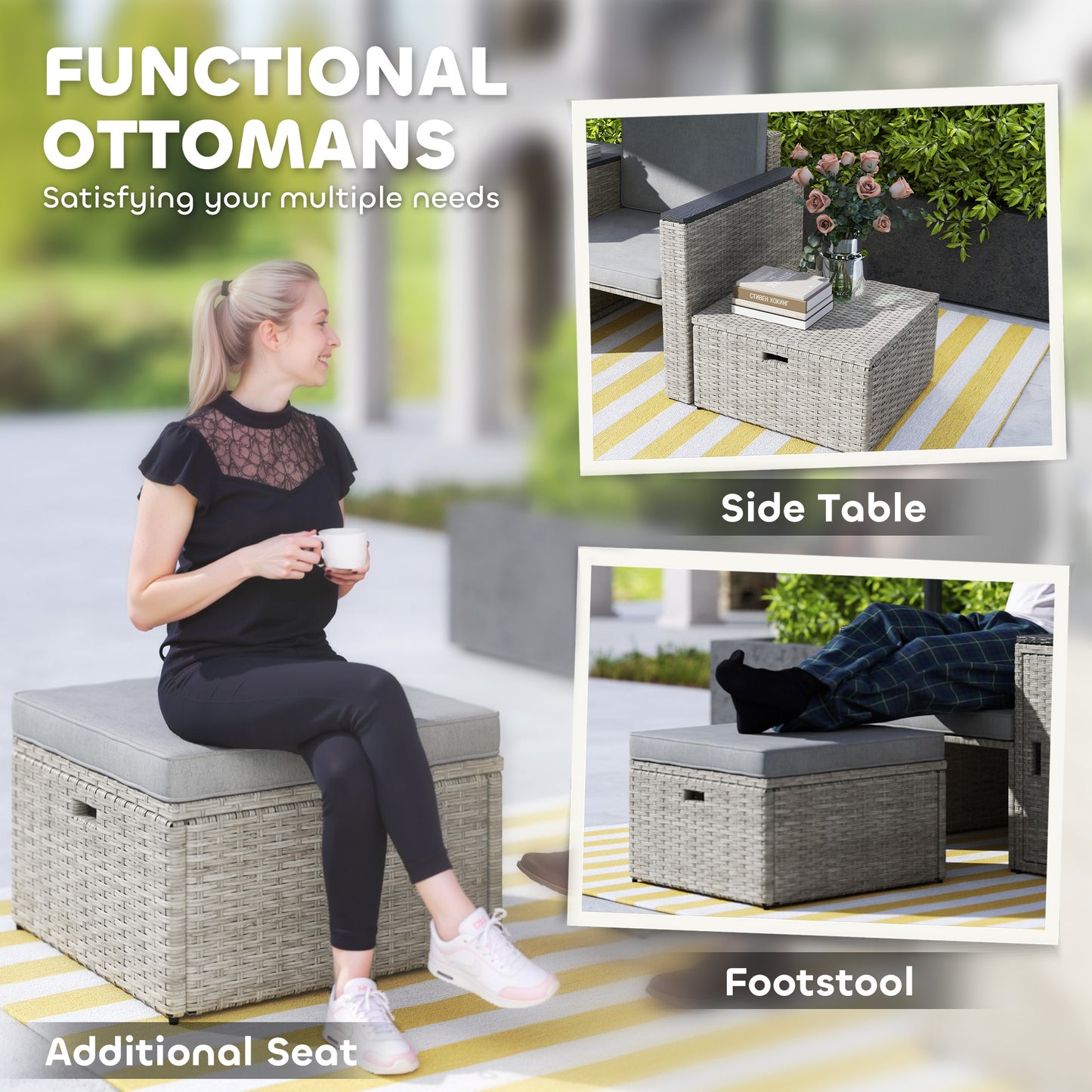 Outsunny Five Piece Rattan Garden Furniture Set With Storage Table Cushions And Two Chairs And Footstools Grey