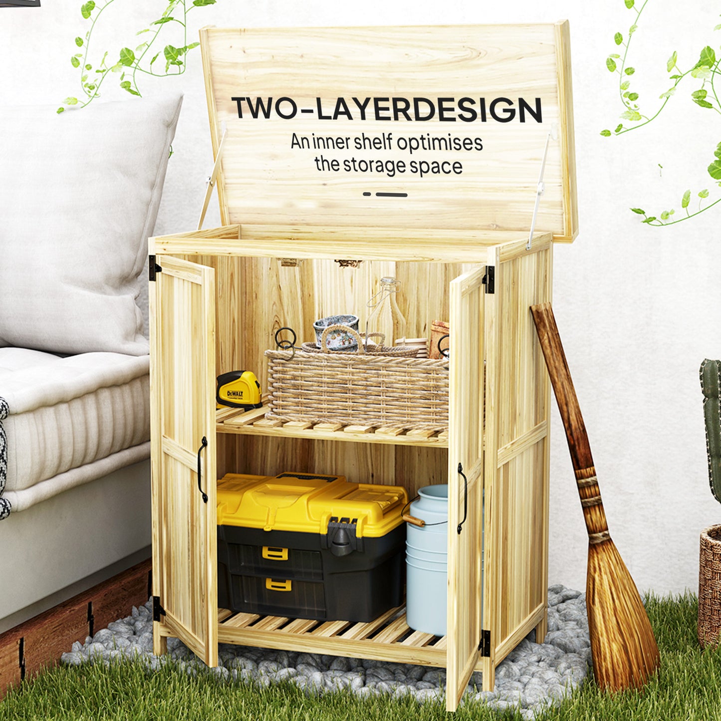 Outsunny Fir Wood Shed With Metal Worktop And Easy Open Hinged Roof 43 x 74cm Natural Finish