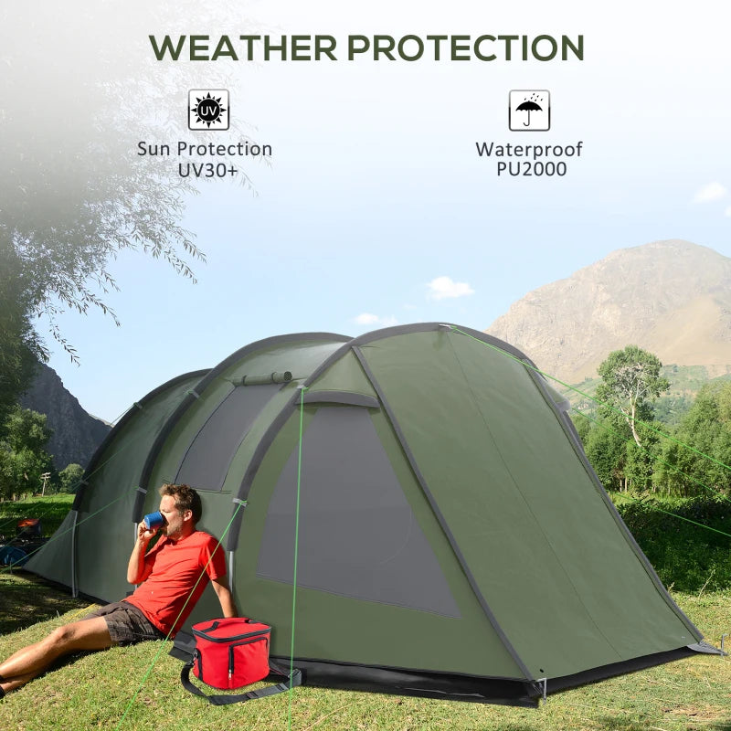 Outsunny 2-Room Tunnel Camping Tent for 3-4 People with Windows, Covers, Carry Bag - Ideal for Fishing, Hiking, Sports - Green - ALL4U RETAILER LTD