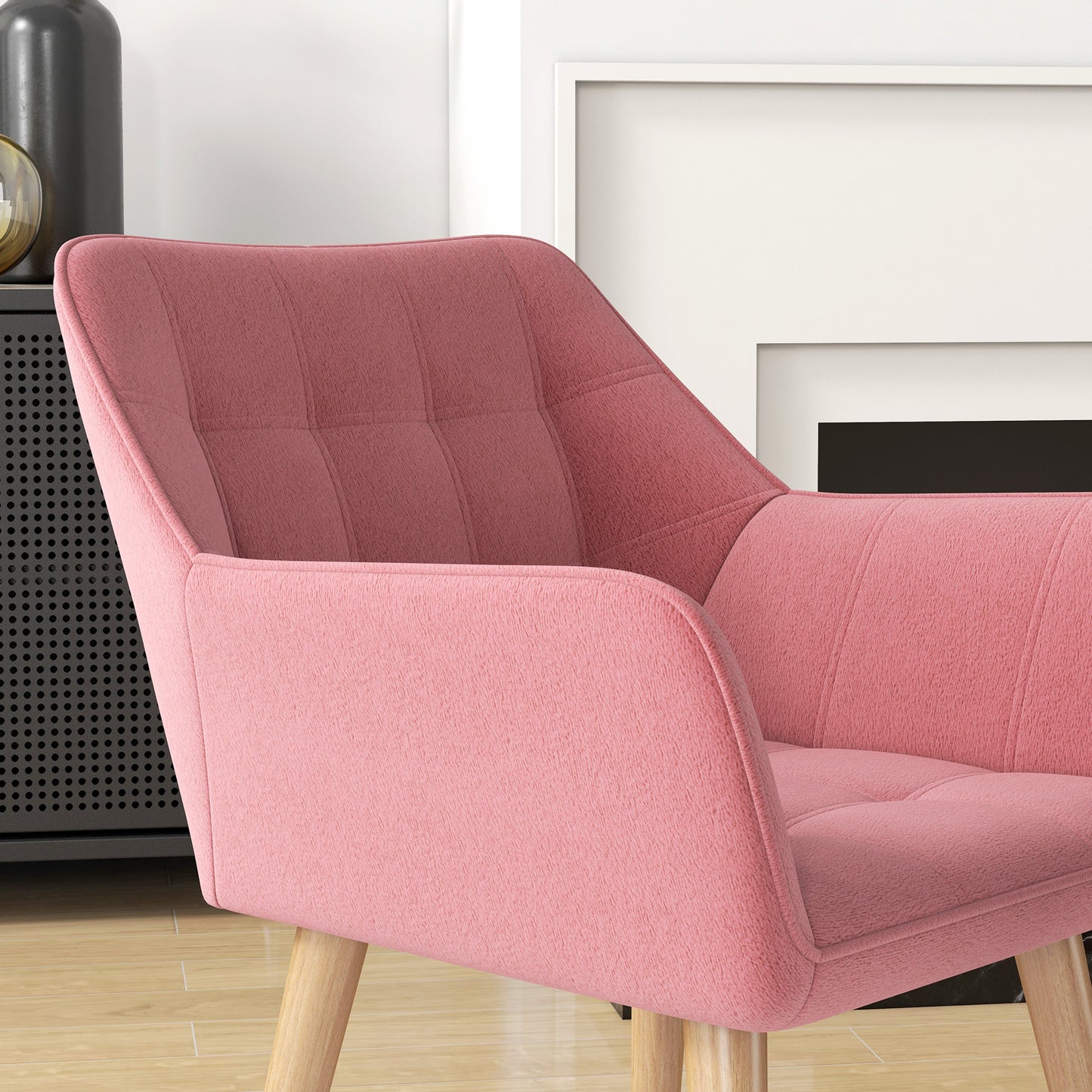 Set Of 2 Accent Arm Chairs With Slanted Back And Thick Padding Rubber Wood Legs In Pink For Living Room