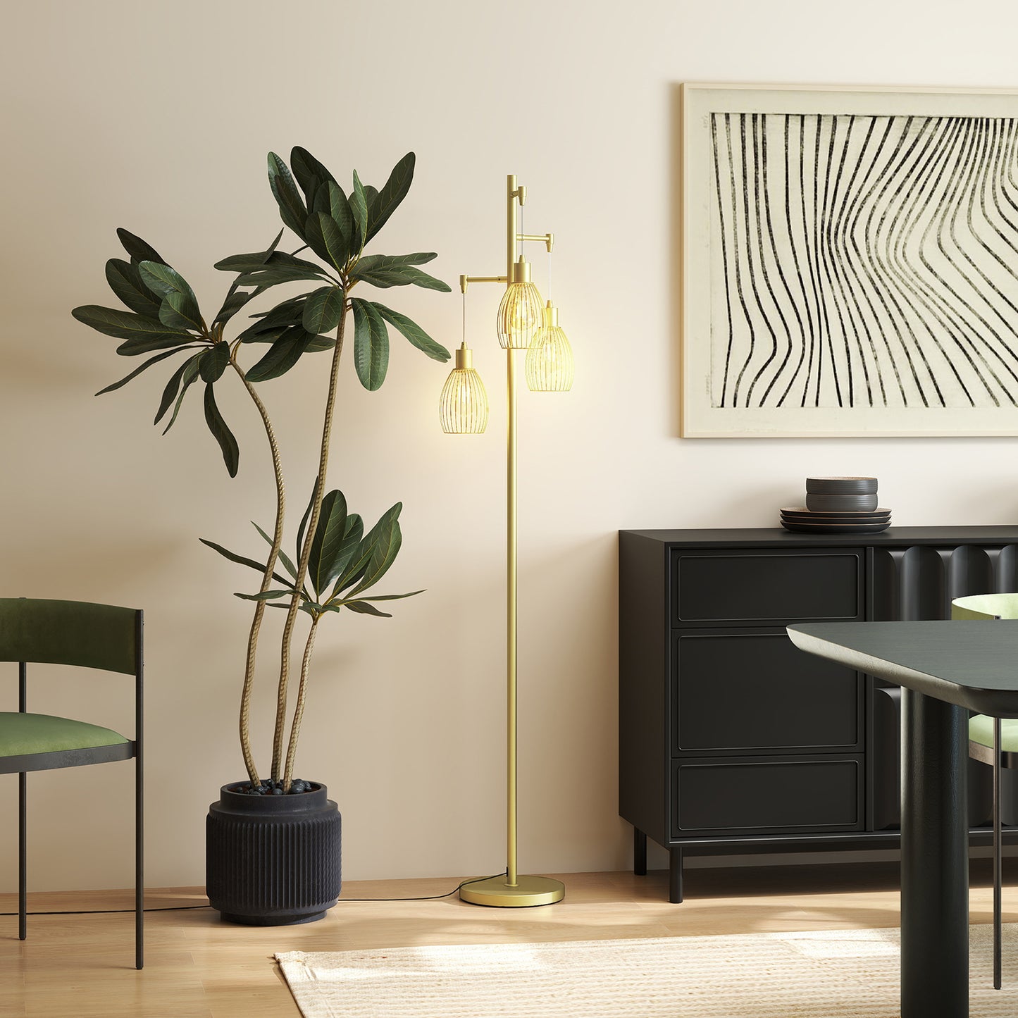 HOMCOM Three Light Floor Lamp 170cm Living Room Dimmable Standing Lamp With Steel Wire Cage Lampshades Gold Tone