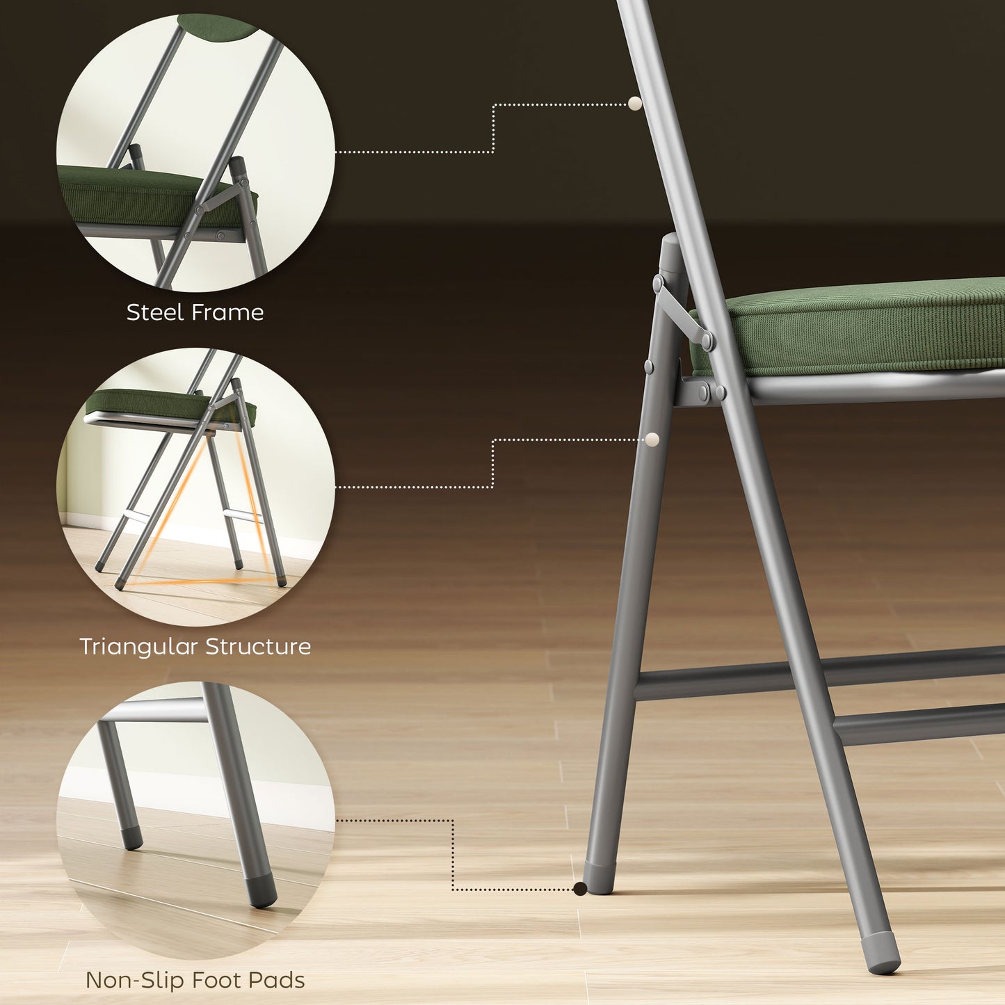 HOMCOM Set Of Four Folding Corduroy Chairs Green Padded Seat And Back Steel Frame