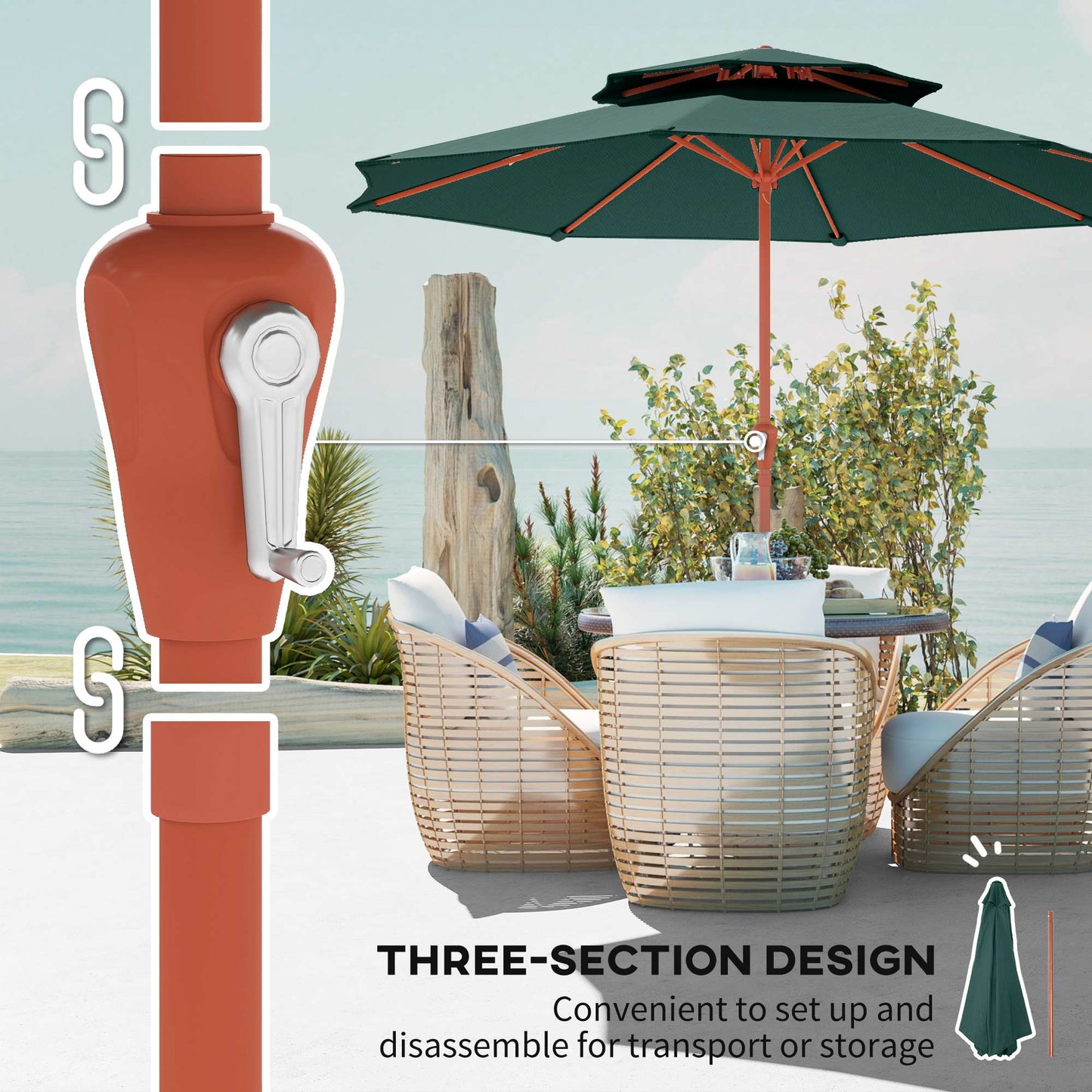 Outsunny 2.7 Meter Garden Parasol With Double Top Canopy Outdoor Market Table Umbrella With Crank System Green