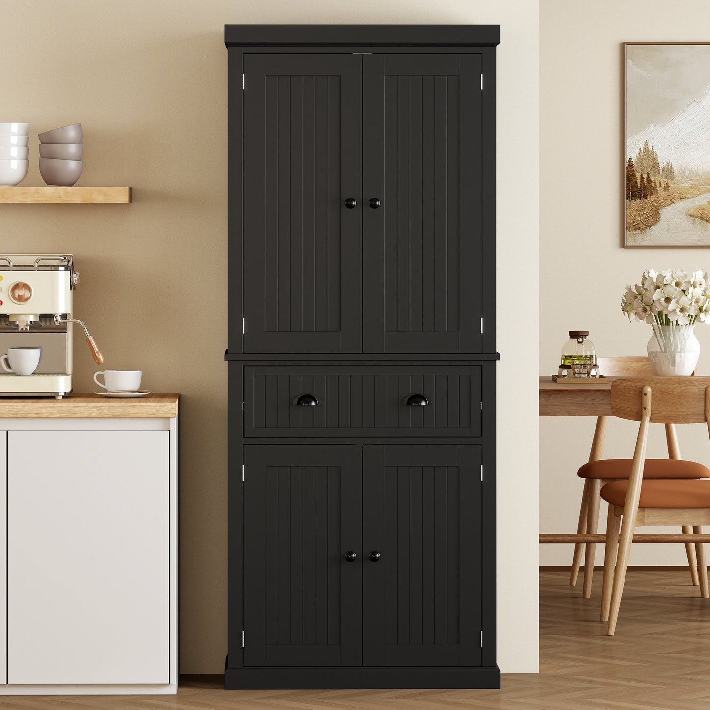 HOMCOM Kitchen Storage Cabinet with 4 Doors and Adjustable Shelves Tall Larder Pantry in Black MDF Construction