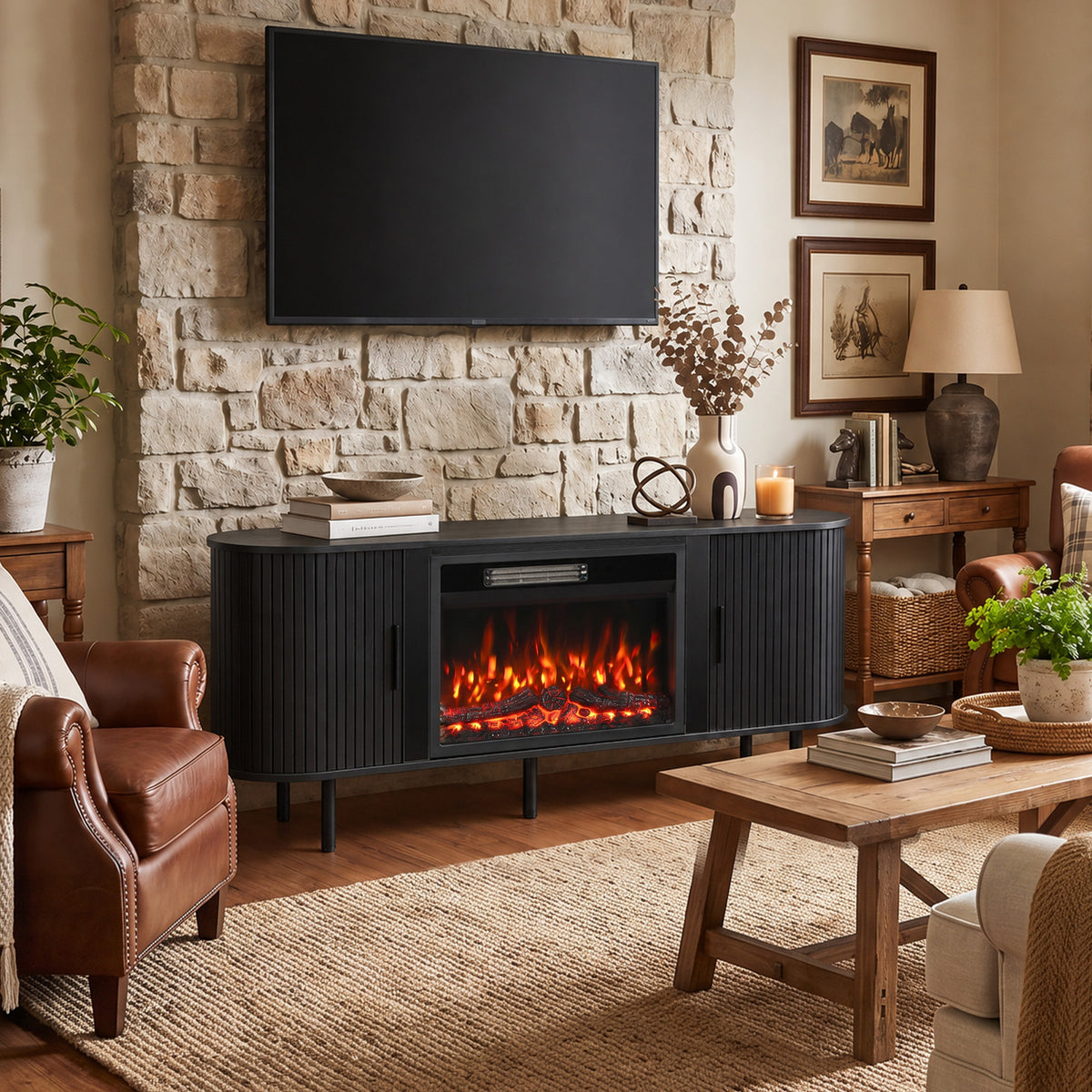 Heated TV stand with dark ribbed cabinet panels, electric flame firebox, and storage doors