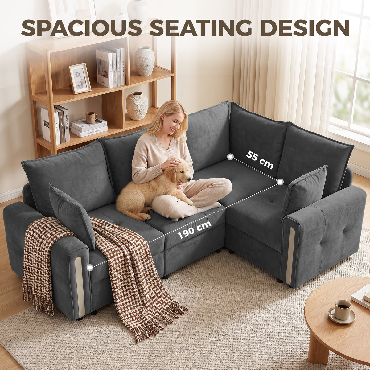 Dark grey L-shaped sectional sofa with chaise and visible seat dimensions